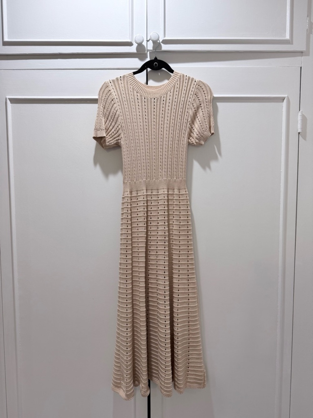 Knit Short-Sleeve Midi Dress in Beige